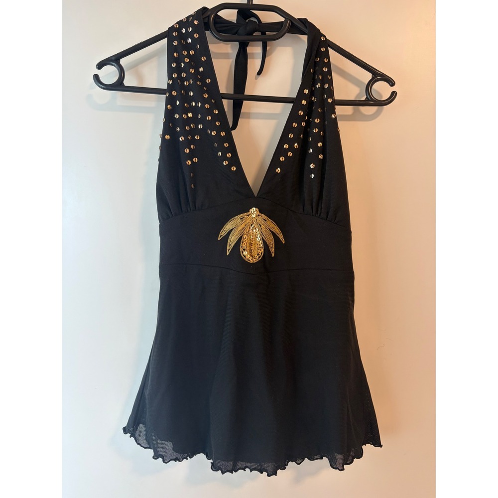 Vintage Black Halter Top Gold Studded Sequin Palm Tree Mesh Lettuce Hem Y2K